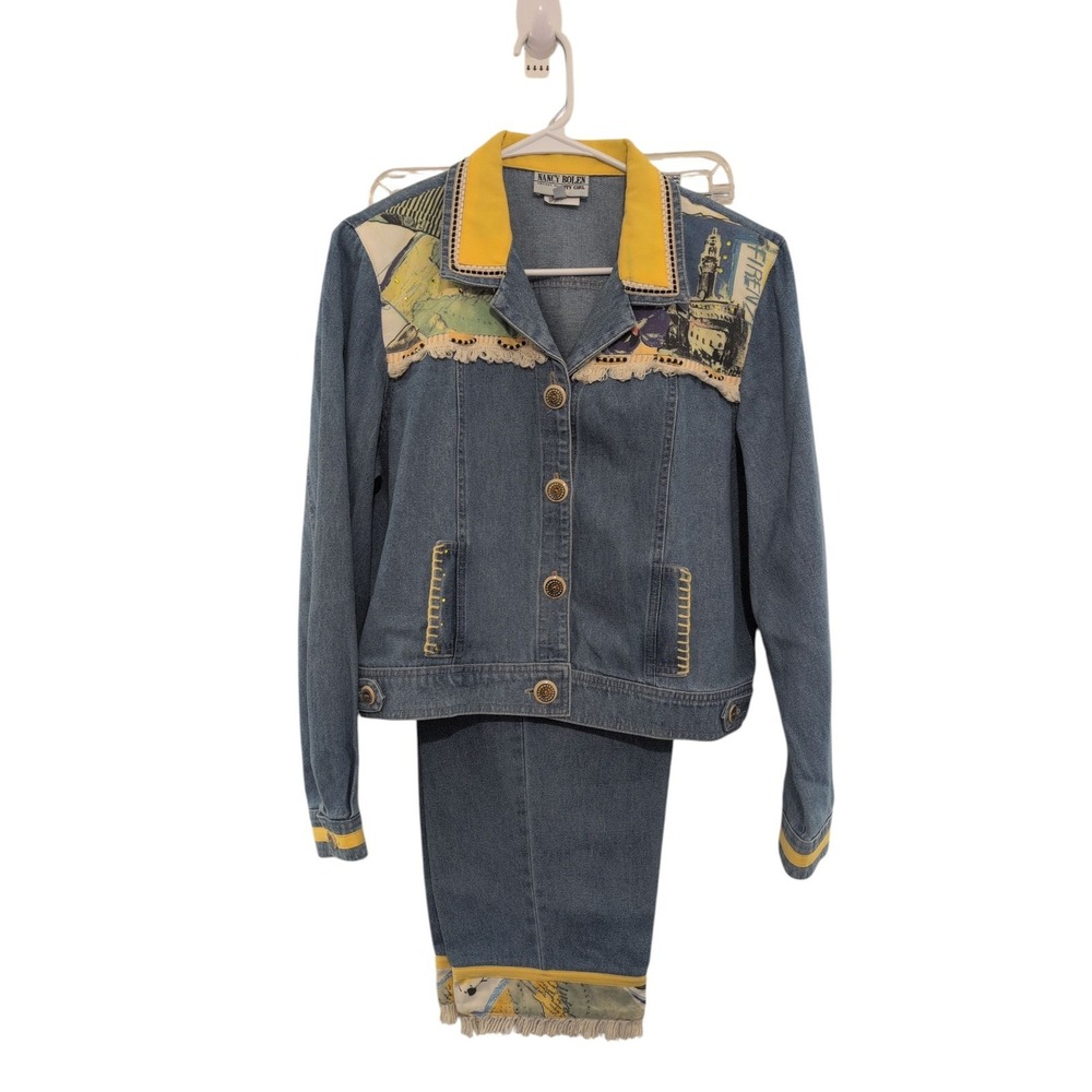 American Vintage Jacket & Pants Suit Petite 12 Blue/Yellow Fringe City Trucker